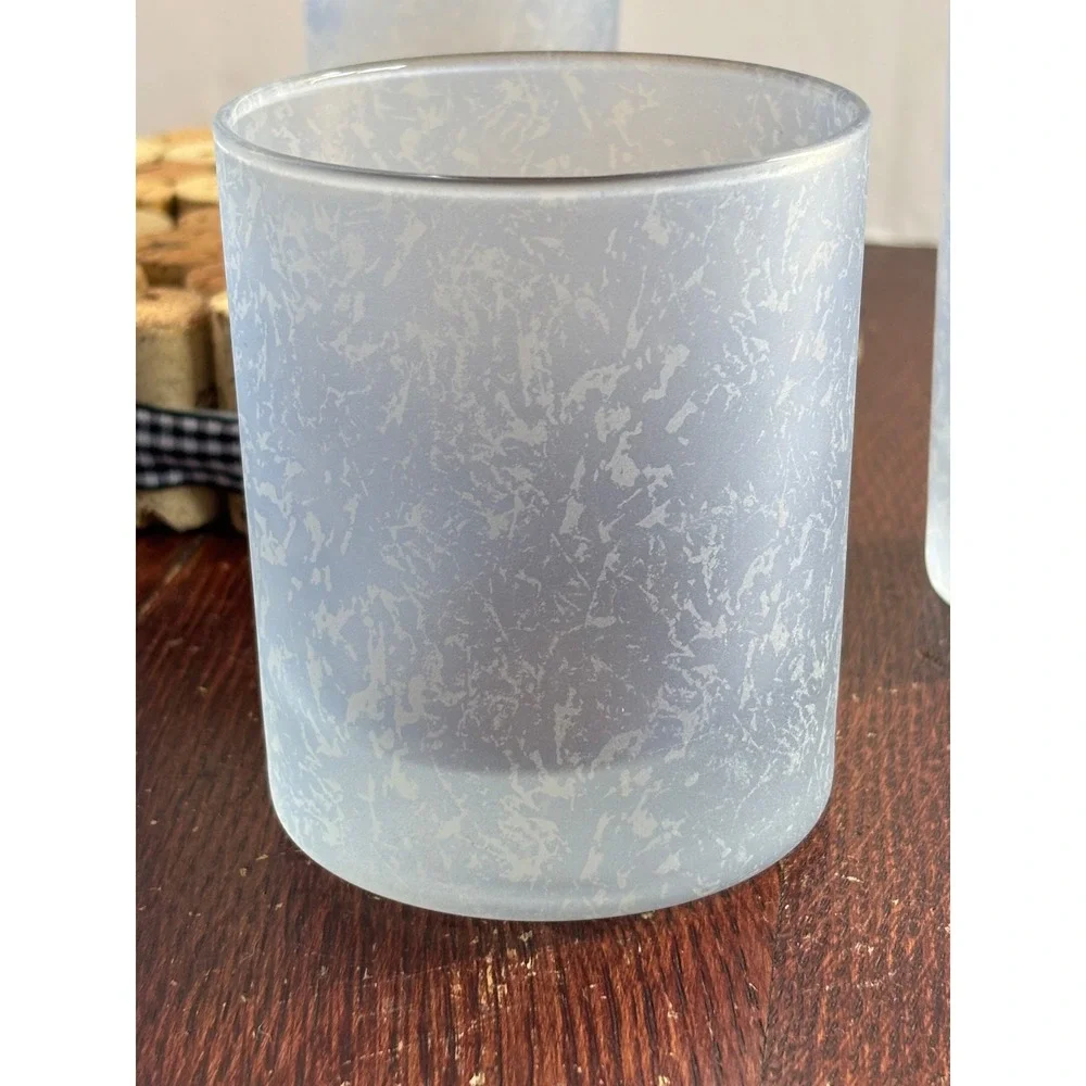 Vintage Frosted Blue Textured Crackle Glasses Set 4 Heavy Tumbler Highball Rocks